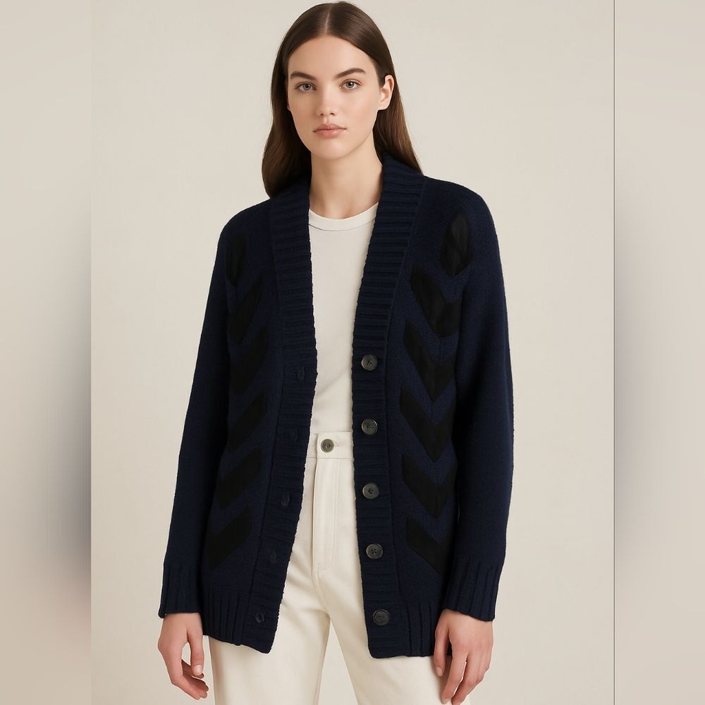 Mara Hoffman Wool Leather Appliqué Button Front Cardigan Sweater Navy Black Sz S